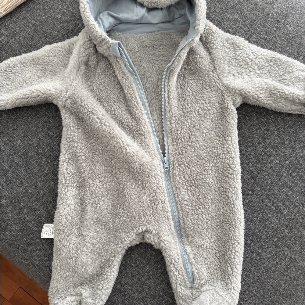 Cozy Plush Hooded Baby One-Piece - Light Gray